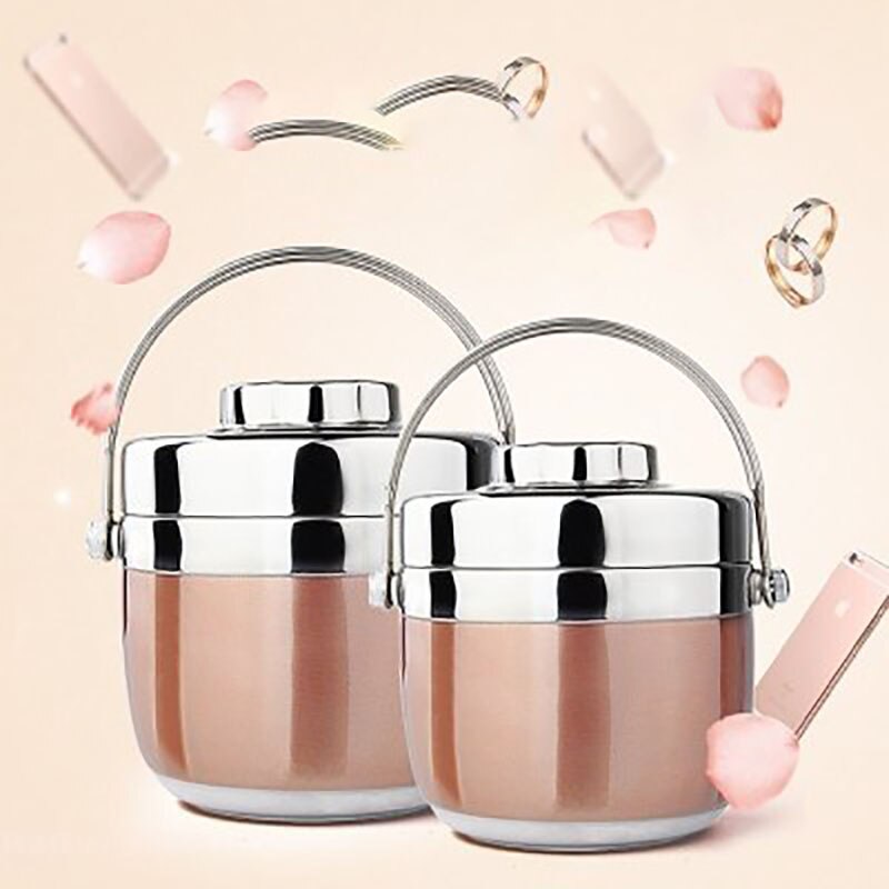 ONEUP Portable Stainless Steel Insulated Lunch Box 2 Layer Bento Box Style Grid Insulated Bucket Soup Container