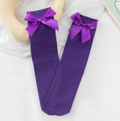 Jambières en coton pour bébé fille, bas en dentelle avec double aiguille et nœud papillon, tenue chaude pour les jambes,: dark purple