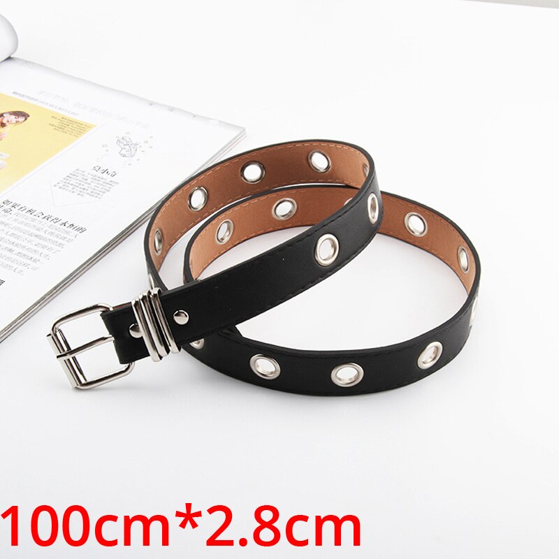 Moda feminina cinto de couro do plutônio novo estilo punk ajustável pino fivela preto bts feminino decorativo livre tamanho grommet cinta 152: one row only belt