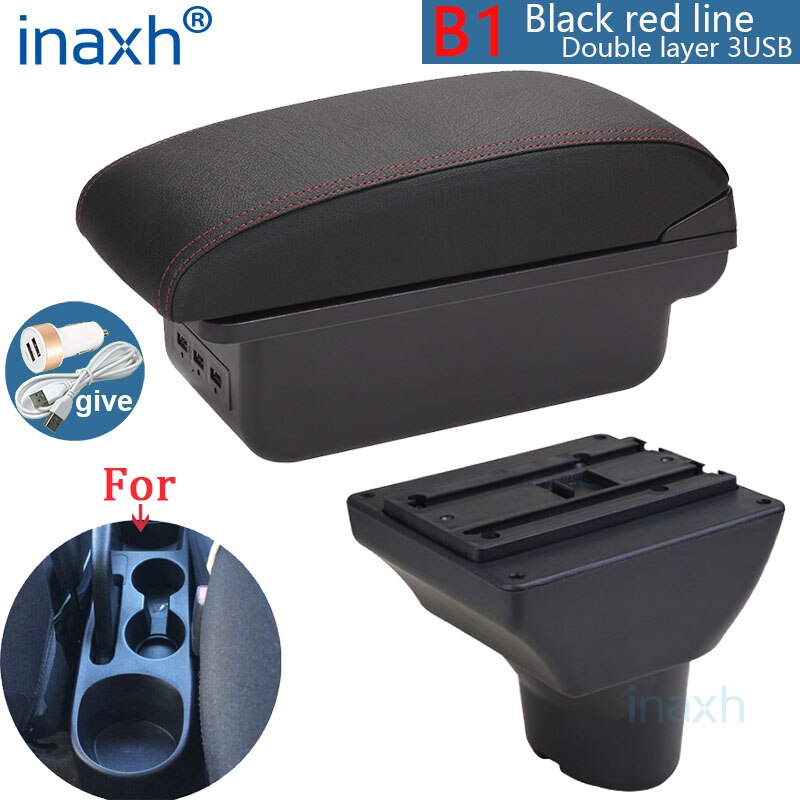 For Hyundai I20 Armrest Interior Parts special Retrofit parts Car Armrest Center Storage box with USB LED light: B1 Black red 3USB