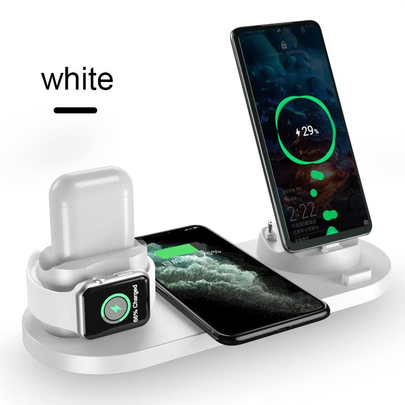 Station de charge sans fil 6 en 1 pour iPhone/Android/téléphones USB type-c 10W Qi, charge rapide pour Apple Watch AirPods Pro,: White 6 In 1