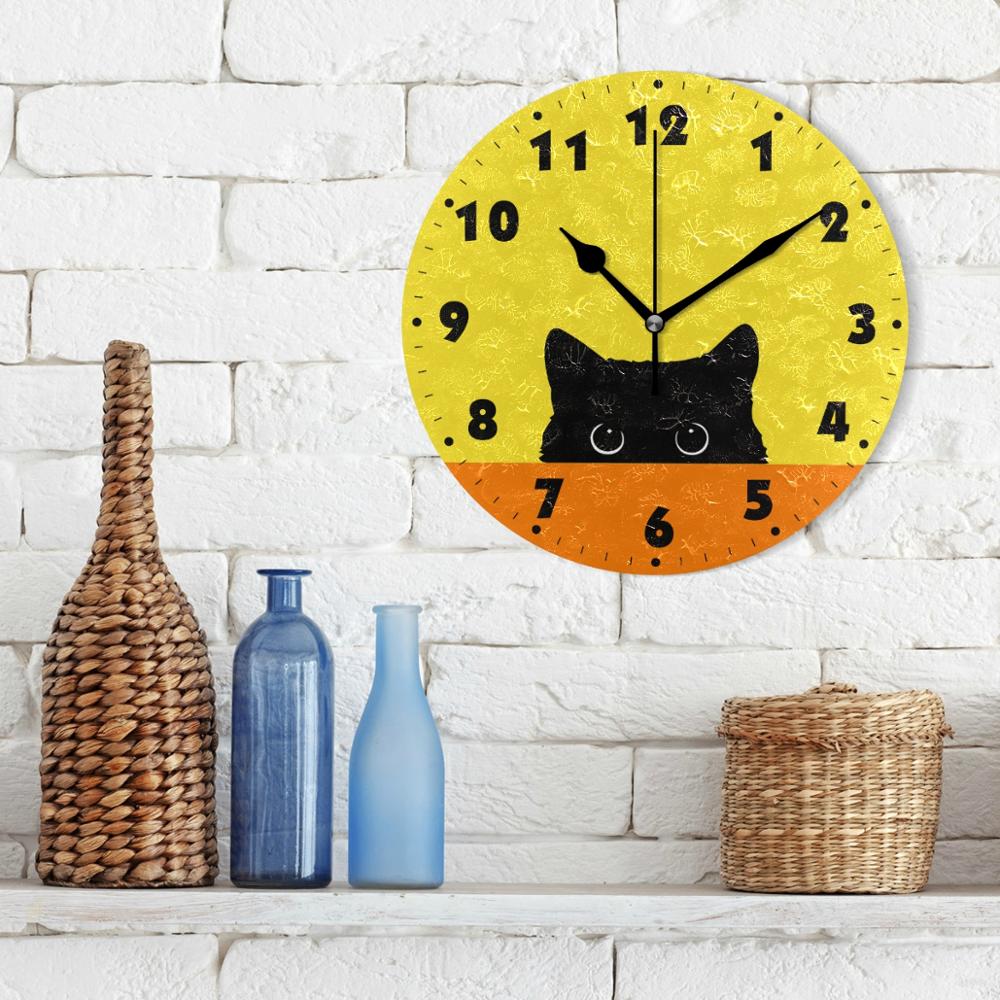 25cm Round Cat Face Hanging Wall Clock DIY Non Ticking Silent Wall Watch for Living Room Quiet Desk Clock Relogio De Parede