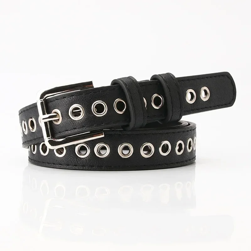 Bälten för kvinnor stora metallhål novelty bälten metallbälten tonåringar jeansbyxor accessoarer: Svart