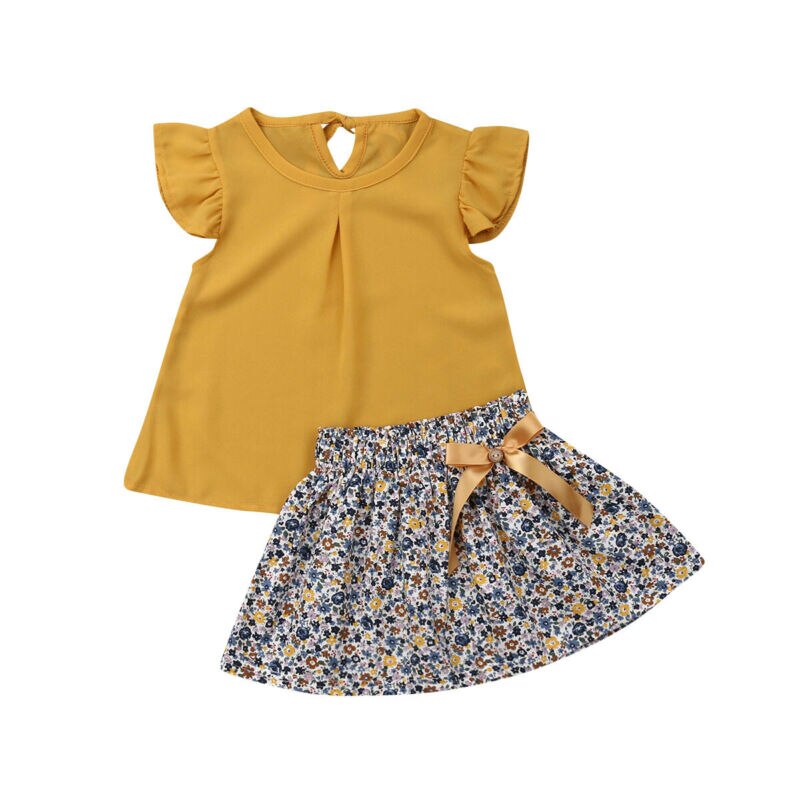 1-5Y Toddler Kid Baby Girl Clothes Sets Yellow Chiffon Tops+Floral A-Line Skirt Summer Outfits Clothes Set