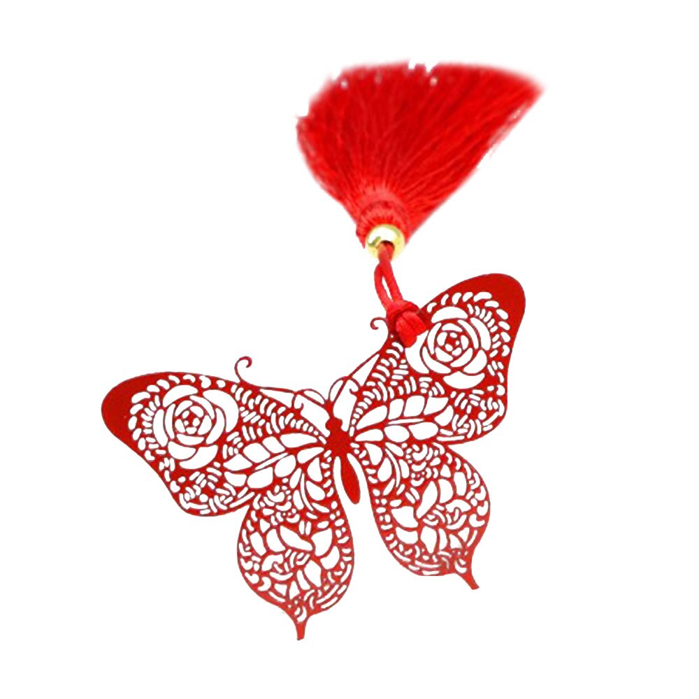 Beautiful Hollow Metal Bookmark With Red Strap Students Stationery Chinese Style Black Leaf Butterfly Feather Book Markers: Style 5
