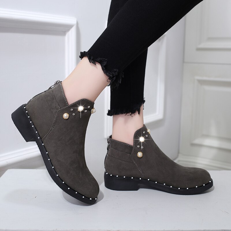 Winter Stiefeletten Für Frauen Schuhe Perle Stiefel Schwarz botas mujer chaussures femme Punk flache Stiefel Korn damen stiefel 7642