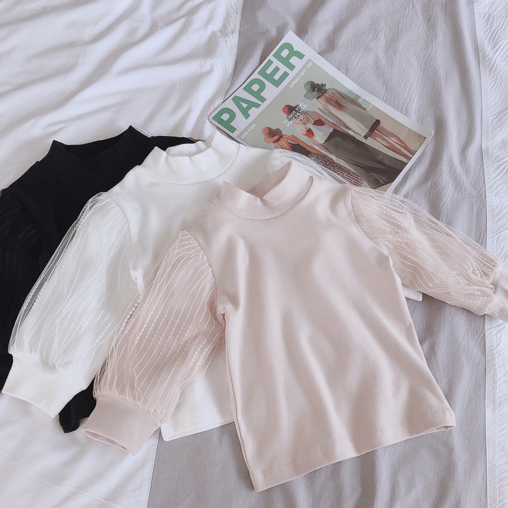 Wlg meisjes t-shirts kindertops lente herfst mesh effen wit zwart beige t-shirt babymeisje schattige bijpassende kleding