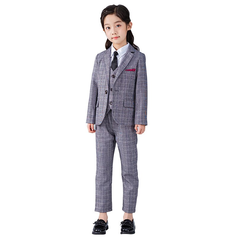 Blazer pequeño a cuadros para niñas, traje de boda, ropa escolar para actuaciones, combina con todo, gris, 5 piezas, LB258