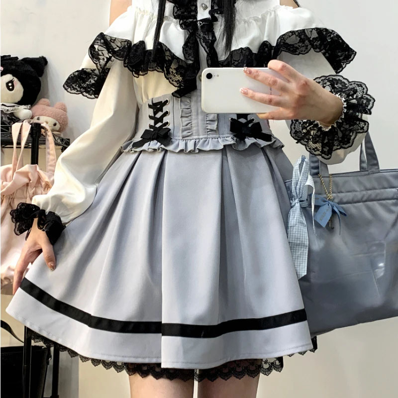 Japansk kawaii lolita mini nederdel kvinder høj talje pink blå bandage fe  y2k æstetisk nederdel afslappet sød flæsenederdel: Sort