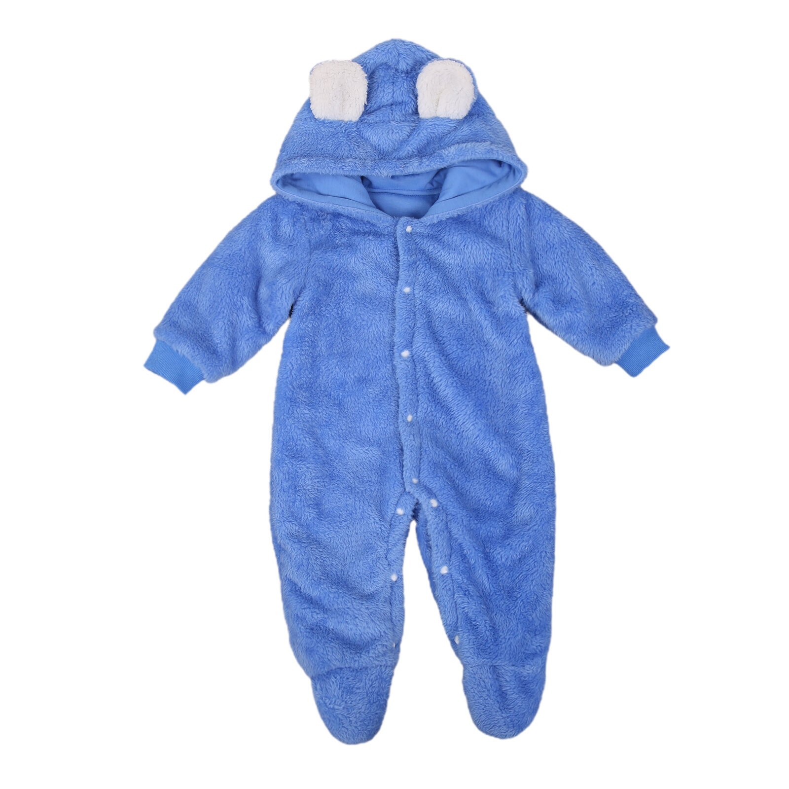 Baby Jongen Meisje Winter Romper Lange Mouw Herfst Verse Pluche Effen Kleur 3D Oren Hooded Een Stuk Lange Broek: Blauw / 12m