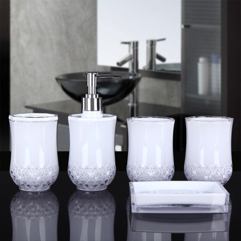 Badeværelse tilbehør sæt glas sæbe dispenser tandbørste holder gurgle kop sæbe fad bryllup badeværelse 5- dele produkter sæt: Hvid