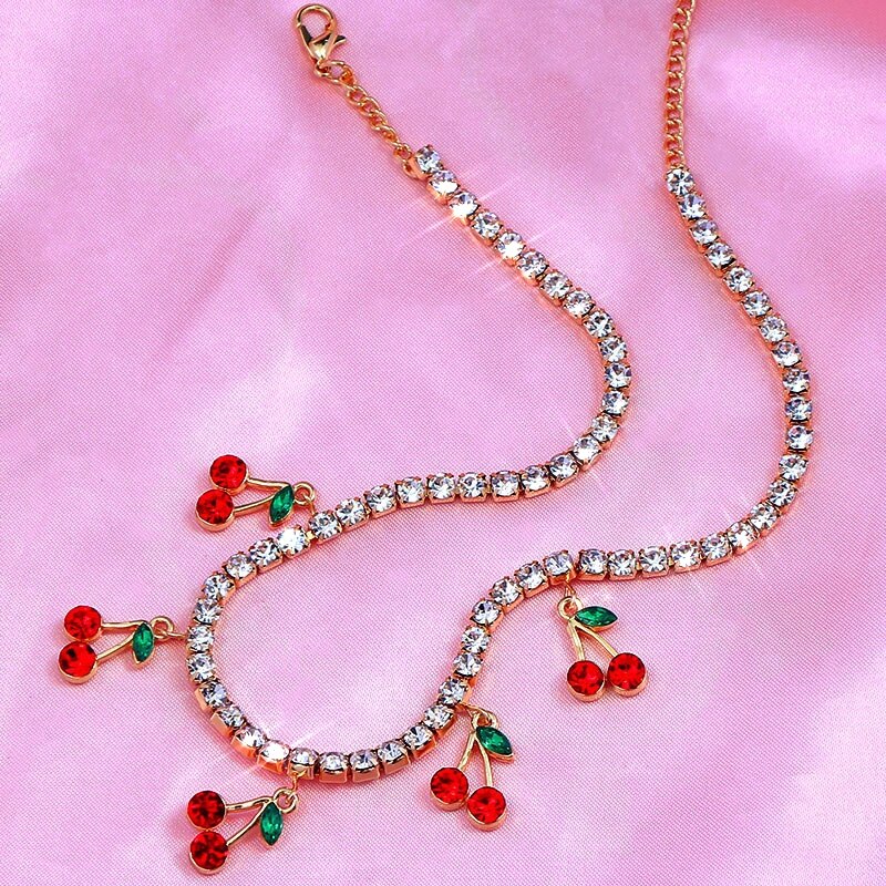 Flatfoosie Charm Red Cherry Crystal Pendant Necklace For Women Shiny Tennis Chain Necklace Jewelry Party Friendship