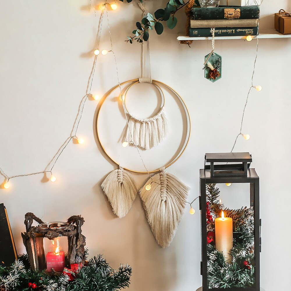 Boho blad macrame vægophængning gobelin macrame dreamcatcher soveværelse indretning værelse dekoration stue dekoration