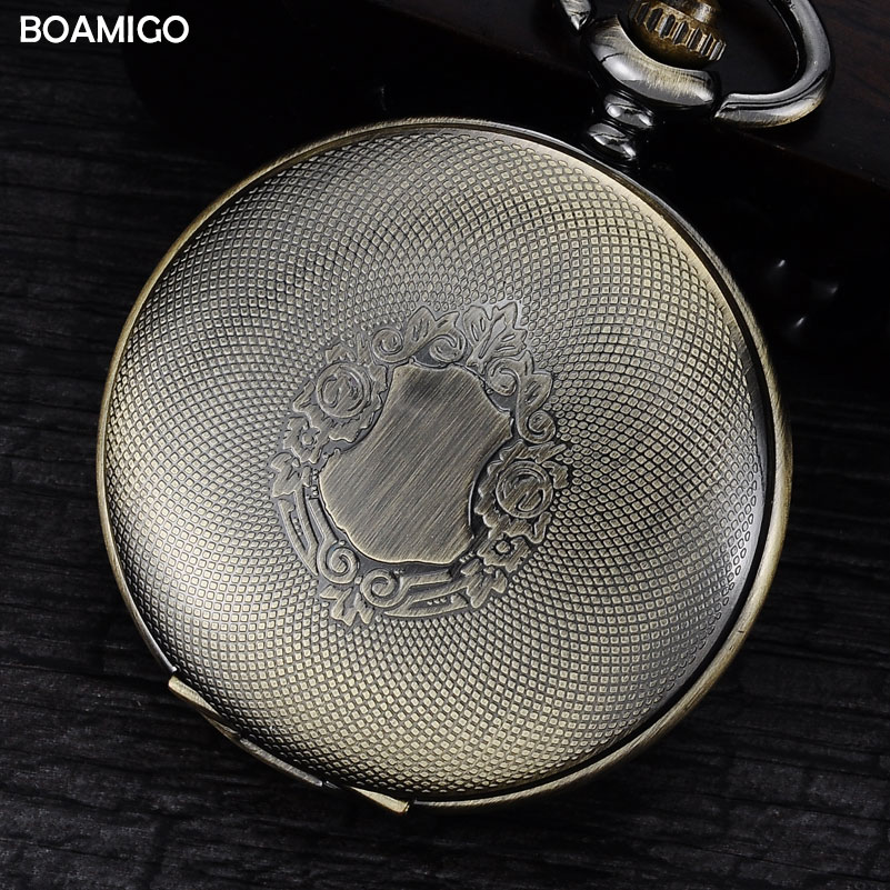 men mechanical watches antique pocket skeleton watches Roman numbers analog display copper chain BOAMIGO reloj hombre