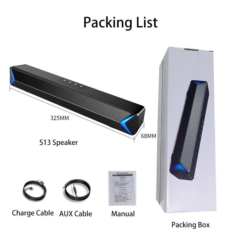 S13 tv lyd bar aux usb kablet og trådløs bluetooth hjemmekino fm radio omgi soundbar til pc tv høyttaler til datamaskin
