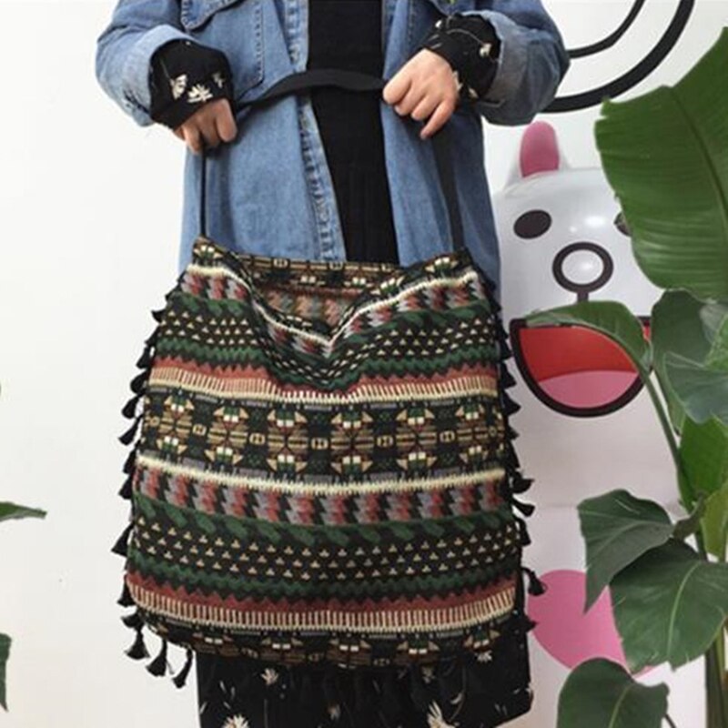 Vintage Etnische Stijl Enkele Schoudertas Handtas Kwastje Katoen Linnen Geen Voering Met Binnenzak Mode Womens Bag Zomer Boho