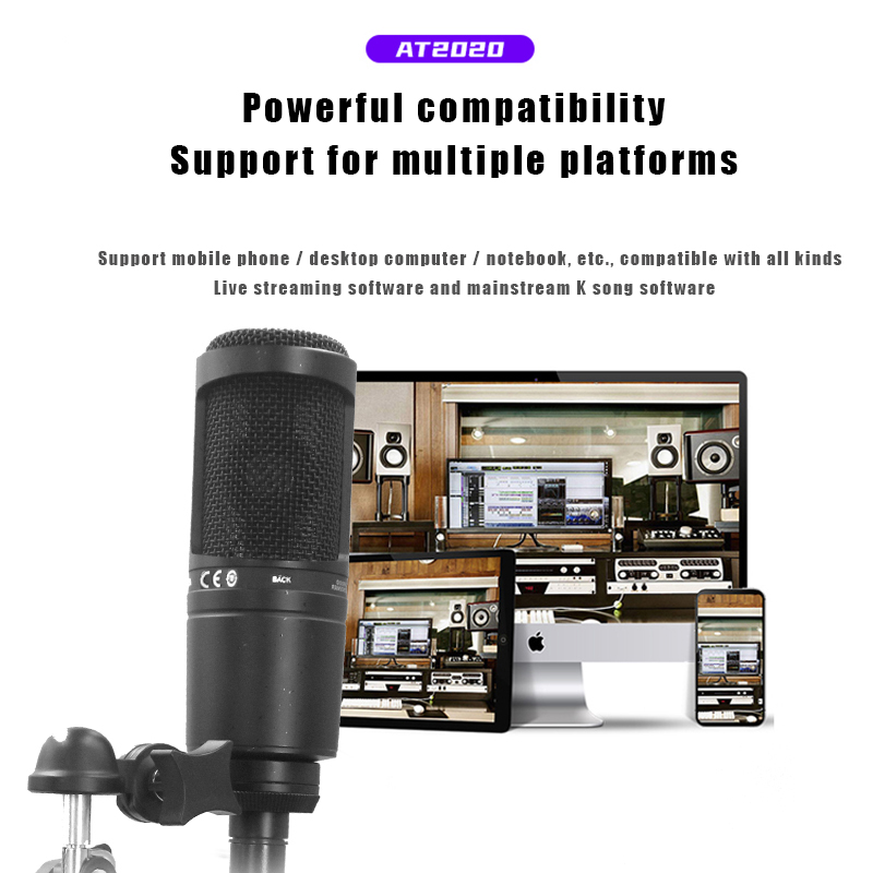 Audio-Technica AT2020 Microfone Condensador XLR Plug Microfone de Gravação Profissional Rede de Computador Móvel K-song Condensador