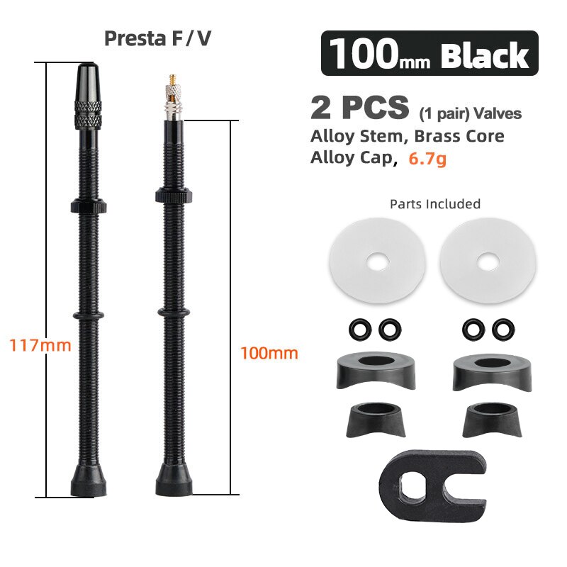 Deemount 2PCS Bicycle Tubeless Tire Presta Valve Brass Core Optional Brass Alloy Stem 40/60/80/100/120mm W/ Alloy Cap &amp; Tool: 100mm Alloy Black B