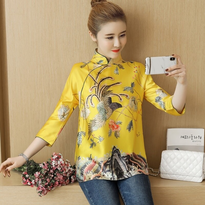 Chinese Cheongsam Tops For Women Retro Vintage Shirt Tea Loose Yellow Chinese Dress Spring Ladies Chinese Tops TA1598