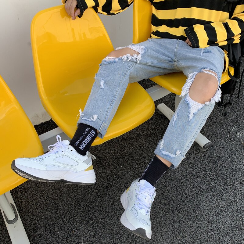 Zomerjeans heren slim gewassen effen kleur casual gat spijkerbroek heren streetwear wilde hiphop denim broek heren