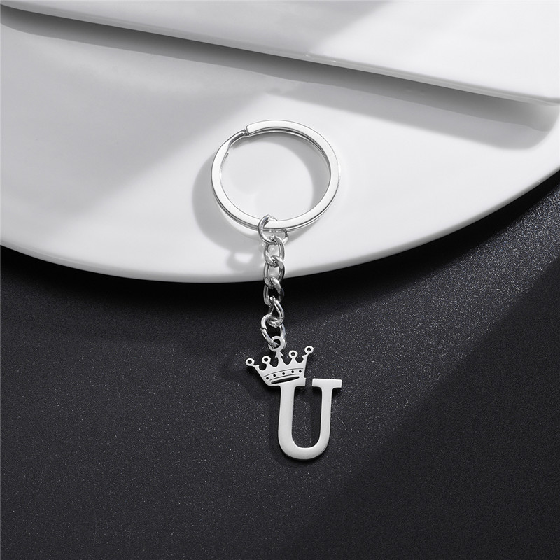 Llaveros con colgante de letras de A-Z de acero inoxidable con corona DIY única para hombres y mujeres, llavero de 26 alfabeto para coche, llaveros de joyería con nombre,: TRANSPARENT