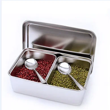 Japan Style Kitchen food Storage container Compartments Stainless Steel Seasoning box Containers with Lid Rectangle chef tools: light yellow
