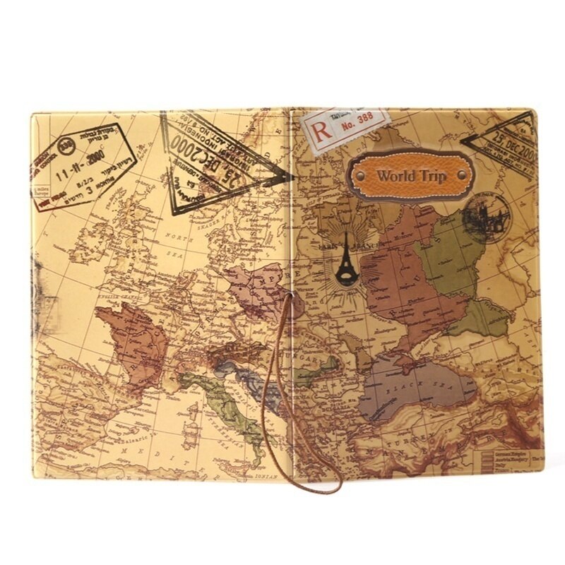 Leather World Map Passport Holder Passport Cover Organizer Travel Card Case Document PVC Cover File Wallet