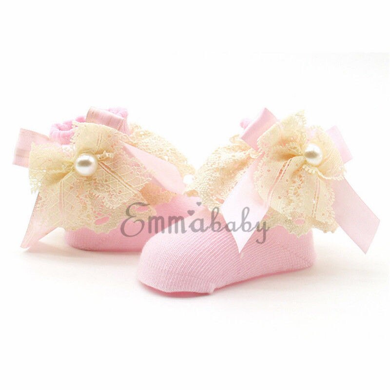 Baby Sock 1 Pair Girl Kids Newborn Baby Lace Ruffle Socks Warm Bowknot Non-slip Cotton Ankle Socks: Pink