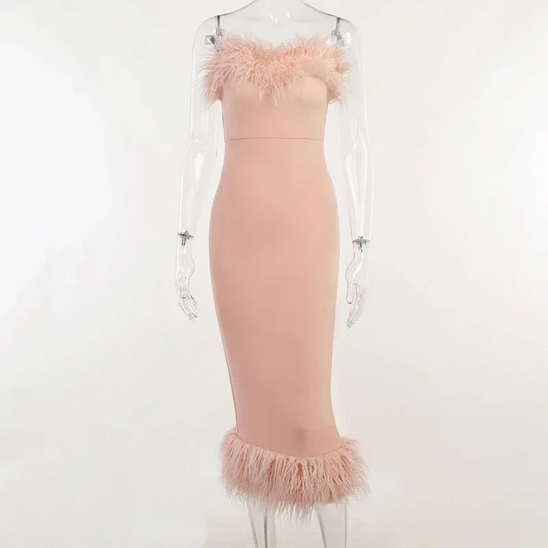 Bangniweigou Party Hairy Tube Dress Off Shoulder Split Midi Prom Robe Women Birthday Pink White Black Evening Attire