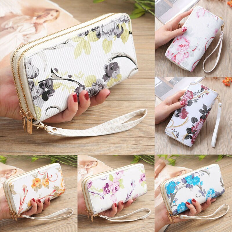 Vrouwen Lederen Dames Elegante Rose Gedrukt Portemonnee Lange Dubbele Rits Portemonnee Kaarthouder Case Clutch Telefoon Portefeuilles