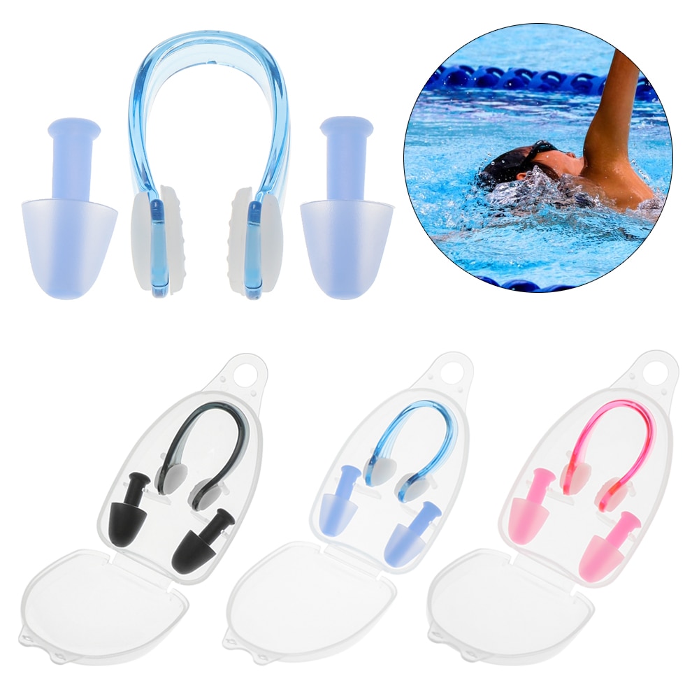 1Pc Neus Clip + 2 Stuks Ear Plug Met Opbergdoos Zachte Zwemmen Oordopjes Voorkomen Water Bescherming Ear Plug zwembad Zwemmen Dive Accessoires