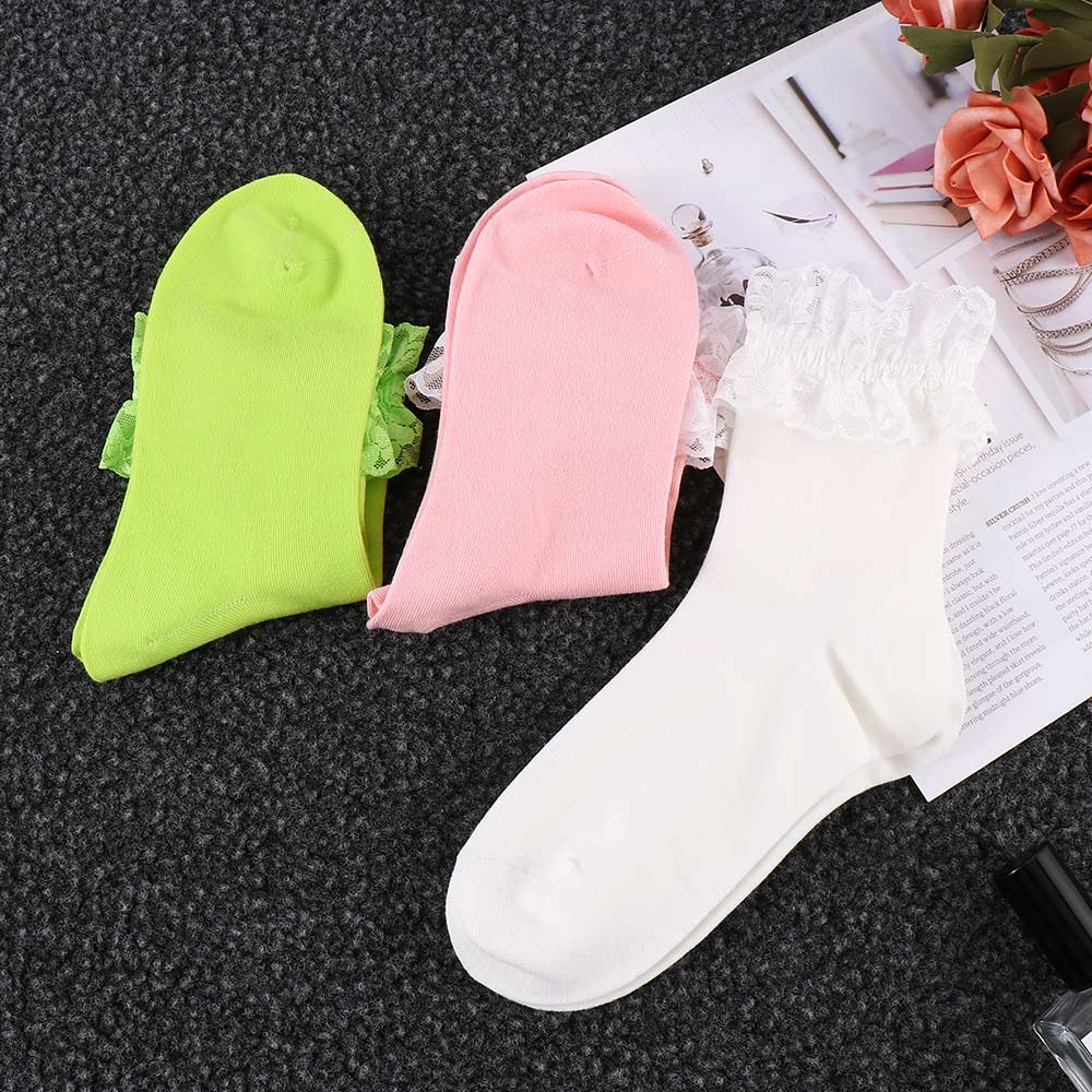 Women Vintage Lace Ruffle Frilly Ankle Socks Ladies Princess Girl Soild Color Cotton Socks 6 Color Available Harajuku
