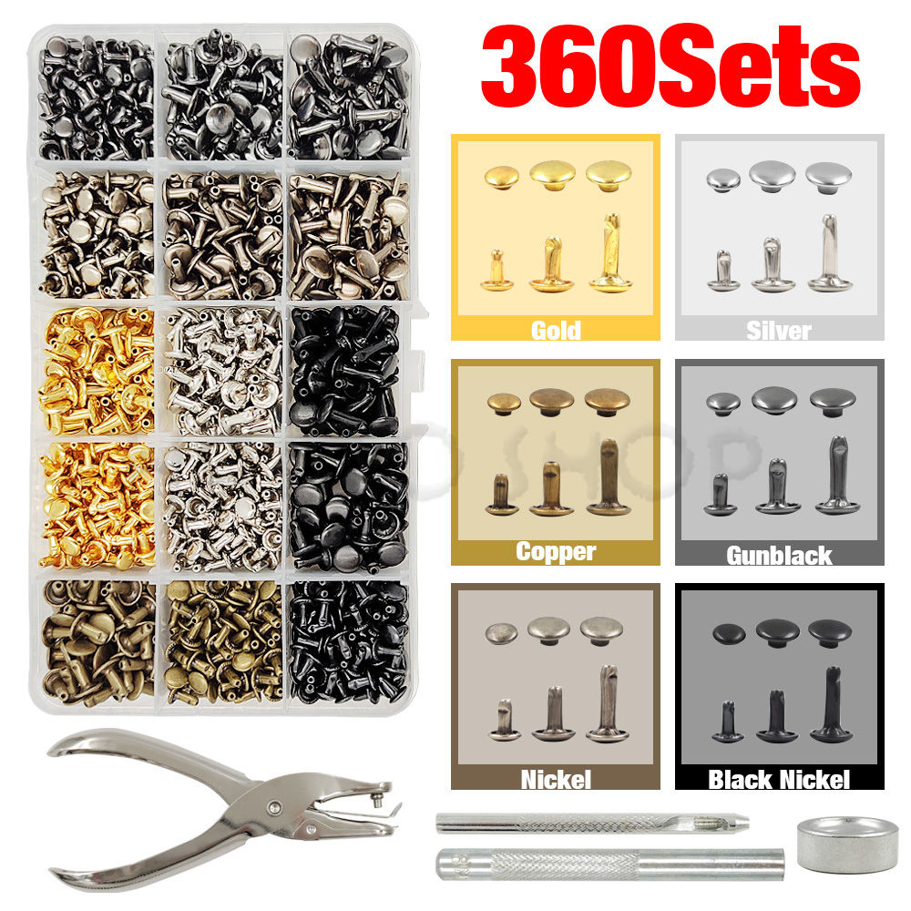 Metal Double Cap Rivets Stud Round Nail Spike With Tool Kits For Leathercraft Repair Shoes Bag Belt Clothing Garment Accessories: Gun Metal