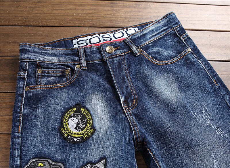 Pantalones vaqueros Skinny de motorista de primavera para hombre, pantalones de mezclilla ajustados con bordado estampado, pantalones vaqueros de talla grande 49 Calca, Vaqueros masculinos ajustados para hombre