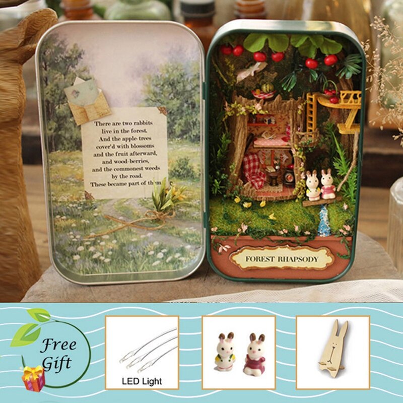 Box teater dukkehus miniature legetøj med møbler kanin diy miniature dukkehus førte lys legetøj til børn fødselsdag  q10: Q1