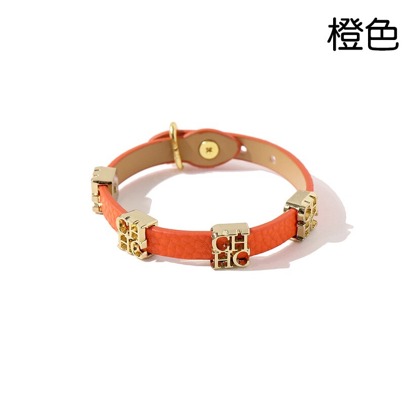 Titanium steel glossy gold CH lettered double loop leather bracelet for women: Pure Gold Color