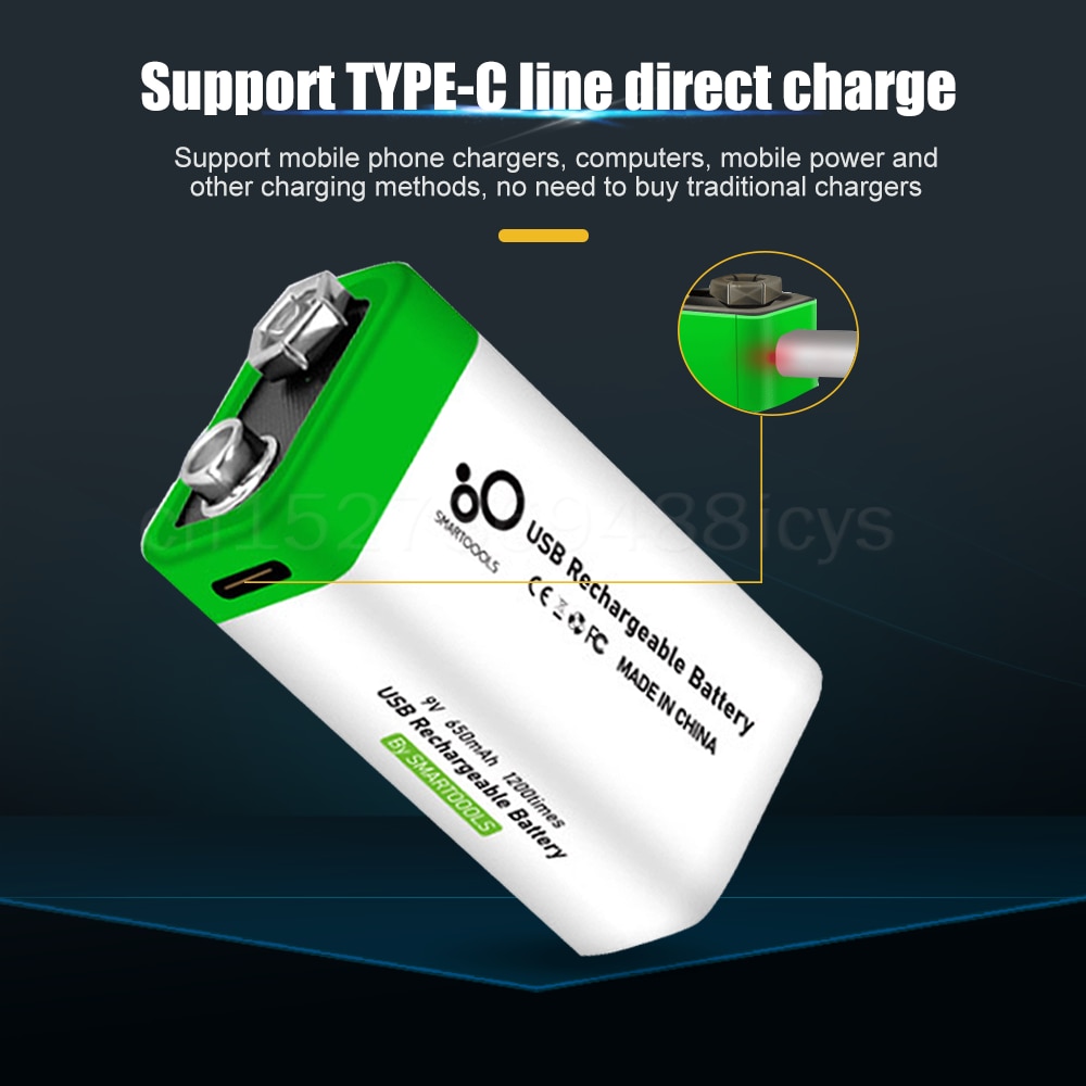 9V 650mAh 6F22 USB Rechargeable Lithium Battery For Wireless Microphone Alarm Guitar RC Helicopter KTV Use With Charging Cable