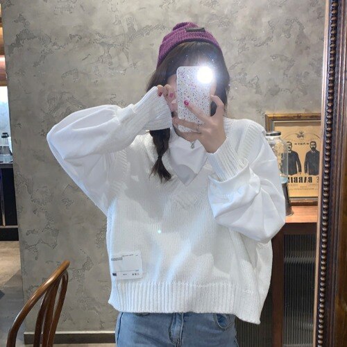 Suéter con cuello en V para mujer, Blanco Simple escolar que combina con todo, ropa de diario holgada Harajuku de estilo japonés para chicas: white tops(no vest)