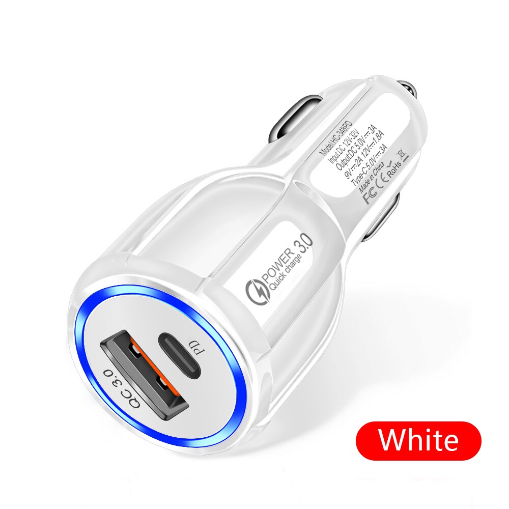 Cargador de coche de carga rápida 3,0 para teléfono móvil, cargador de coche Usb Dual, adaptador de carga rápida Qualcomm Qc 3,0, Mini cargador de coche Usb: PD USB White