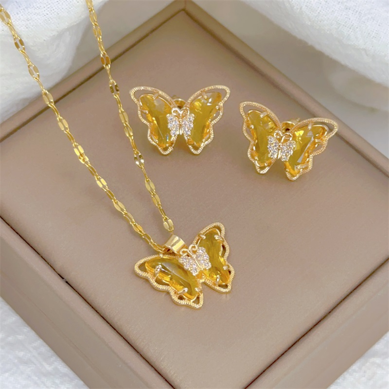 conjuntos de joyas collares para mujer conjunto de joyeria para mujer Collar de pendientes de mariposa, joyería exquisita de , collar clásico Retro, cristal transparente, cadena de clavícula de acero inoxidable