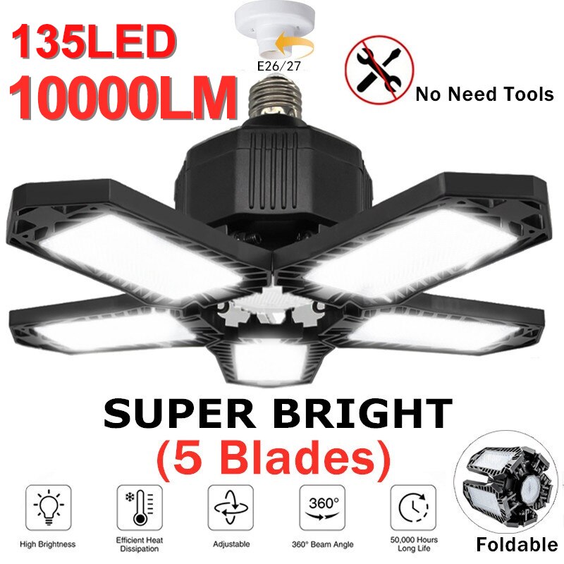 LED Garage Light E26/E27 Deformable Ceiling Light Warehouse Lighting Bulb with 5 Adjustable Panels For Home Workshop