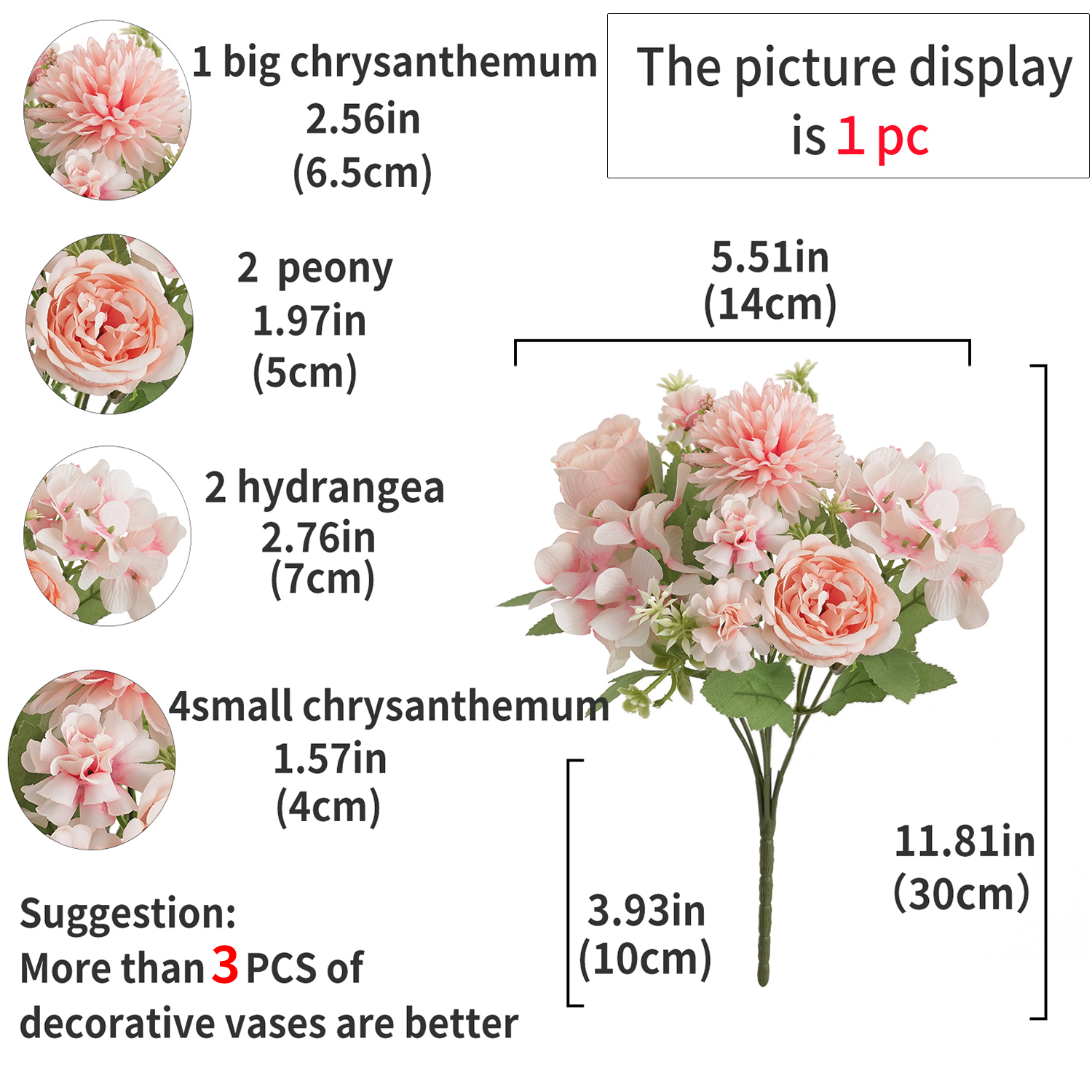 Ramo de flores artificiales realista de 1/4 Uds., ramos reutilizables de hortensias y crisantemos de peonía sintética con tallo, decoración para la habitación del hogar