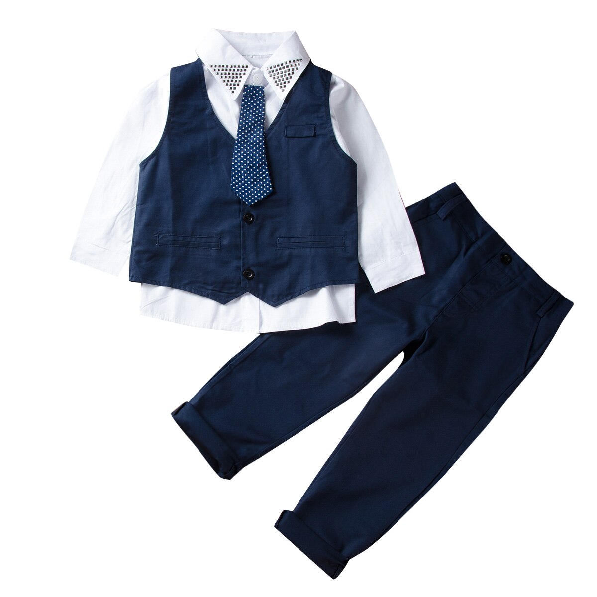 Trajes formales para bebés de 4 Uds. De 1 a 7 años, camisas blancas de manga larga para niños pequeños + chaqueta azul oscuro, chaleco, pantalones y corbata: 4 años