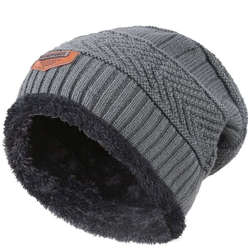 Men Warm Winter Knitted Beanie Hat Fleece Sullies Cap Black Male Casual Thick Soft Head Warmer: Gray