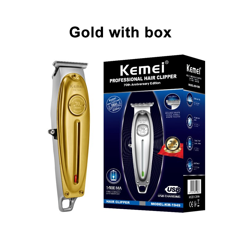 Kemei 1949 Hair Clipper All Metal Men Electric Cordless Hair Trimmer 0mm Baldheaded T Blade Finish Haircut Machine: gold with box