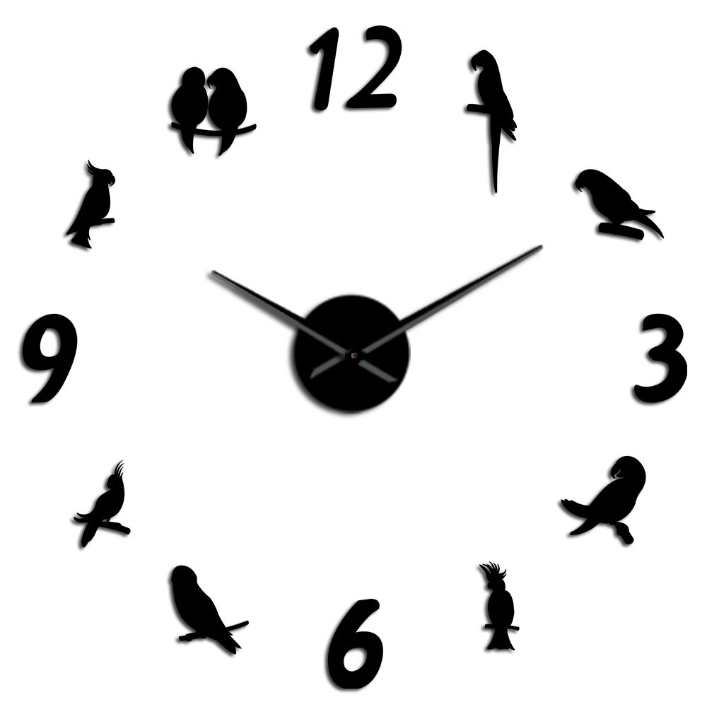 Parrot Acrylic Mirror Surface Wall Stickers Cockatoo DIY Giant Wall Clock Tropical Bird Wall Art Ornithology Home Decor Watch: Black Wall Clock / 27inch