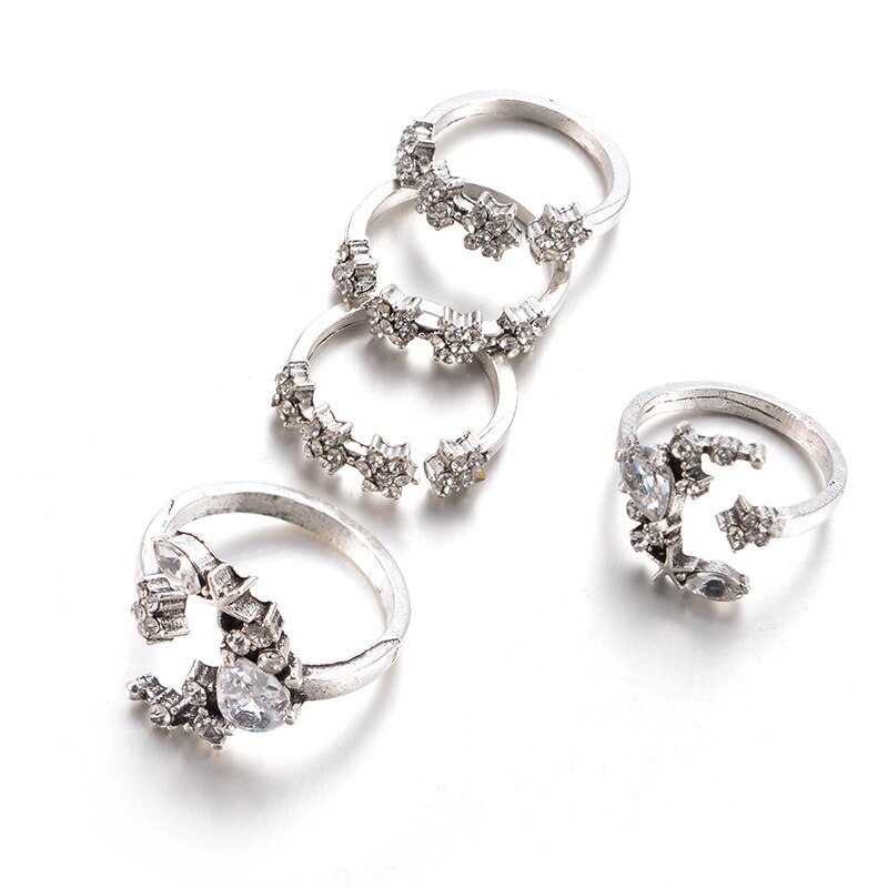 5/12 stücke Antike Silber Blume Ringe setzt Pfeil Blatt Geschnitzte Ringe setzt Strass Krone Herz Knöchel Ringe für Frauen Schmuck: 5 stck