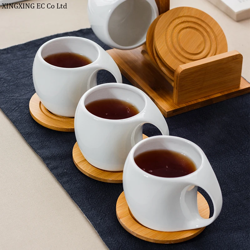 Taza de café de cerámica de 200ml para el hogar, juego de tazas de agua fría colgantes simples y creativas, juego de té de restaurante de cocina, soporte de madera de Bambú