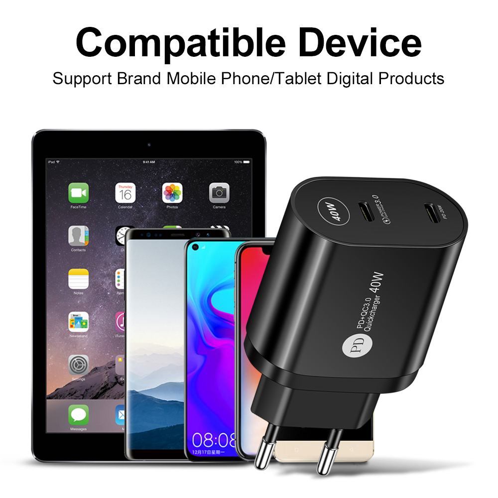 Mini chargeur USB type-c 40W Double PD PD 3.0, adaptateur rapide ue/US/royaume-uni pour téléphone iPhone 13/12 Pro Max, Huawei, Xiaomi et Samsung
