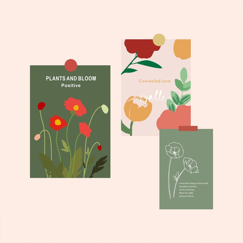 Hand Painted Plant Flowers Simple Postcard Wall Sticker Props Diy White Background Collocation Room Decoration Greeting Card: B